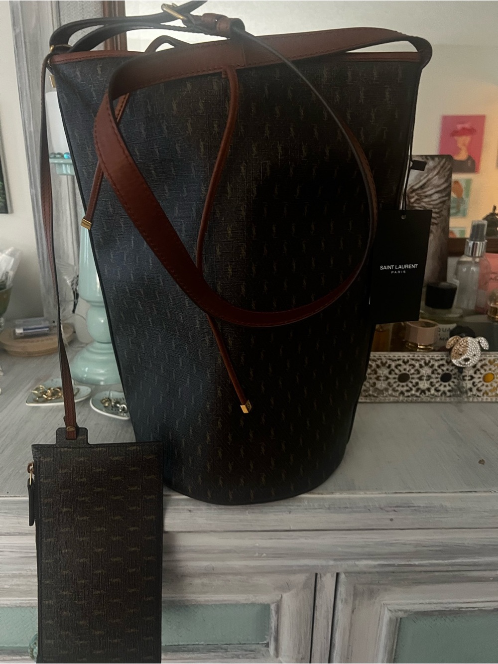 Saint Laurent Black and Brown Monogram Bucket Messenger Bag